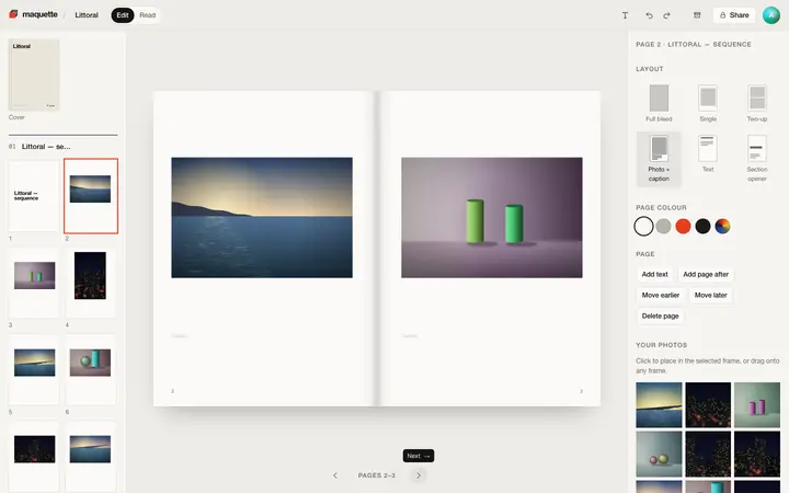 The book editor: the list of pages, an open spread with two captioned photographs, layouts and photos.