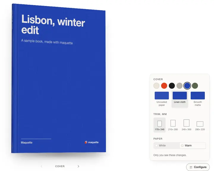 The reader's Configure panel: cover colours and materials, trim sizes, white or warm paper.
