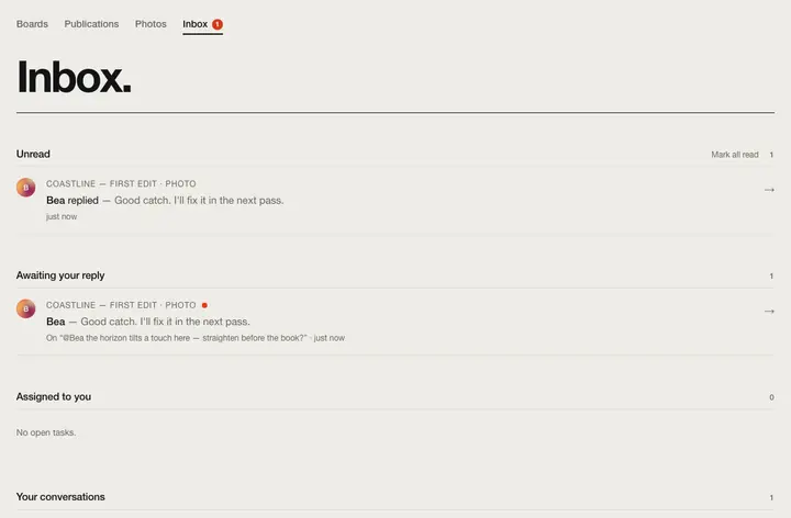 The inbox: unread replies, conversations awaiting your reply and tasks assigned to you.