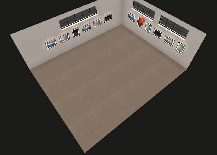 The exhibit seen from above: two walls of framed photographs, windows above them, a comment pin on one print.
