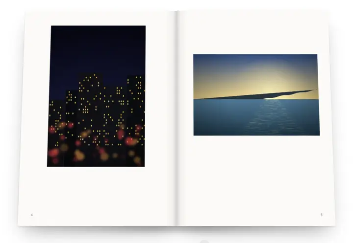 The 3D reader open at pages 4 and 5: a night street on the left, the sea on the right.