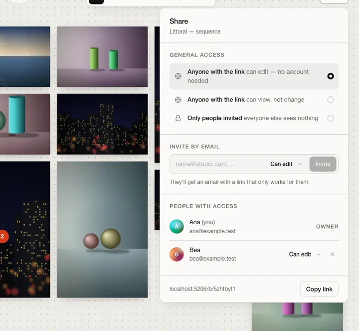 The share dialog: who can open the board, invite by email, and the people with access and their roles.