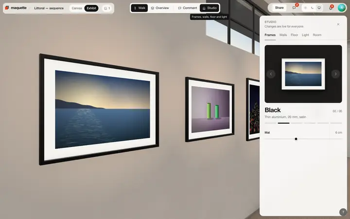 The studio panel beside a framed print: frame Black, thin aluminium, and a mat width slider.